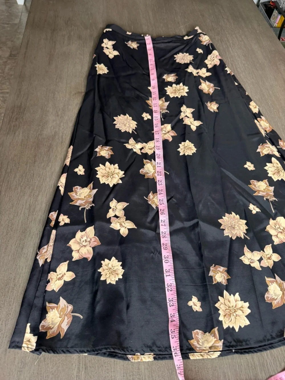 Vintage Black Floral Maxi Skirt L Tan Satin